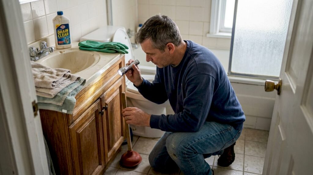 Homeowner preparing to clear clogged drain