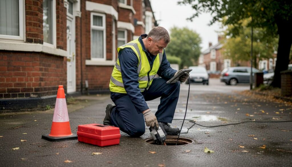 Engineer inspecting drain near Southampton house