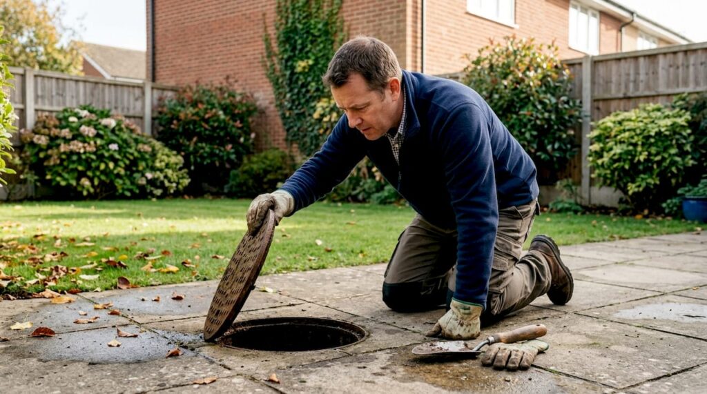 Homeowner inspecting outdoor garden drain for roots