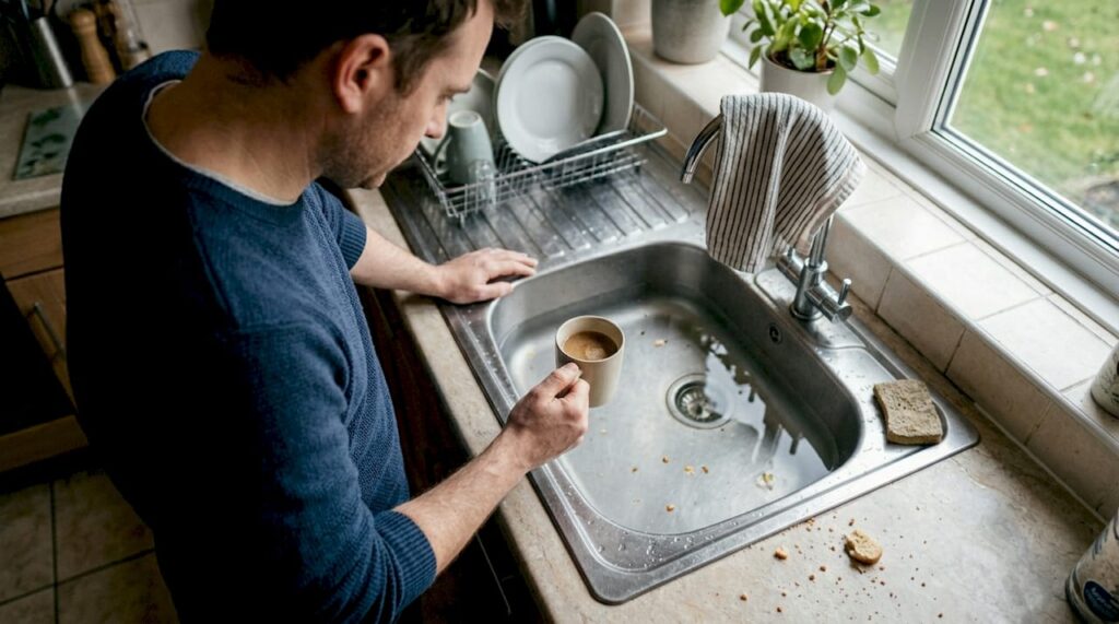 Standing by a blocked kitchen sink