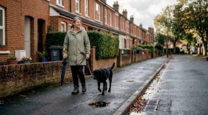 Resident walking dog past street drain after rain