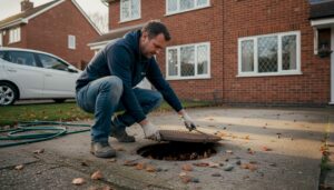 Homeowner inspecting driveway drain cover