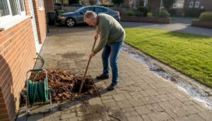 Homeowner tending to surface water drain