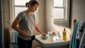 Homeowner using plunger on slow bathroom drain