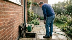 Homeowner checking outdoor drain cover near patio