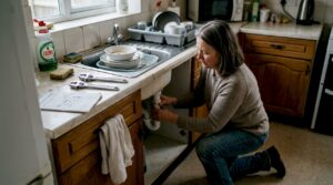 Homeowner handling kitchen drain emergency