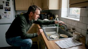 Homeowner checks water draining in kitchen sink