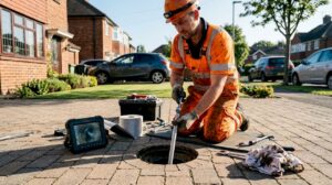 Drain repair technician inserting patch liner