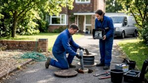 Technician preparing to reline outdoor drain