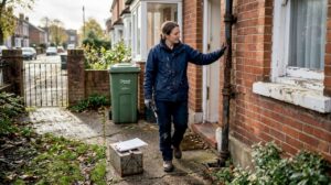 Drainage engineer inspecting Victorian house gutter