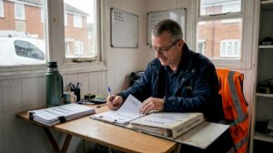 Contractor reviewing drain survey compliance paperwork