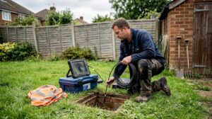 Drainage engineer inspecting collapsed garden drain