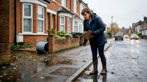 Property manager inspects street drain Southampton