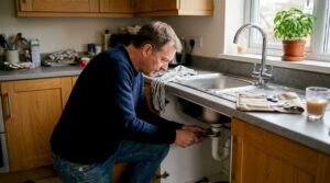 Homeowner checking drainage under kitchen sink