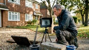 Drainage specialist reviewing CCTV drain survey