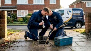Technician inspecting driveway drain in Southampton