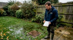Homeowner inspecting flooded garden after rain