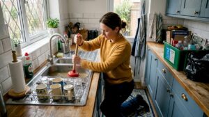 Homeowner using plunger on blocked kitchen sink