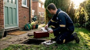 Drainage engineer inspecting pipe in garden