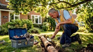 Drainage engineer inspecting damaged pipe outdoors