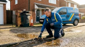 Drainage engineer clears rainwater grate outside home