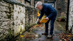 Property manager inspecting old building drainage