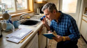 Homeowner inspecting kitchen drain blockage