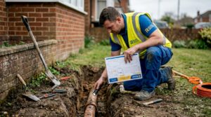Contractor checks exposed drain in garden trench