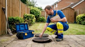 Drainage engineer inspects backyard drain cover