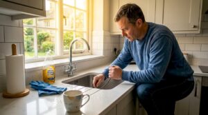 Homeowner clearing blocked kitchen sink