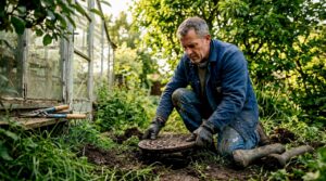 Homeowner inspecting outdoor drain for roots